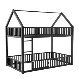 Metal Twin Over Twin House Bunk Bed With Fence And Door