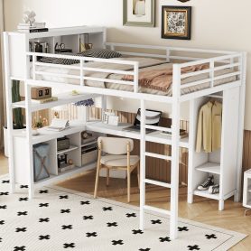 Full Size Metal Loft Bed With Wardrobe, L-shaped Desk, Storage Cubes And Shelves