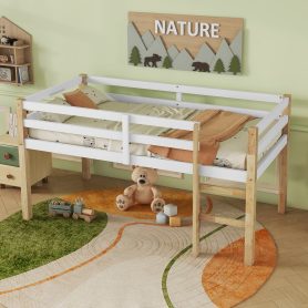 Rubber Wooden Twin Loft Bed with Ladder,  Natural White