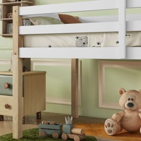 Rubber Wooden Twin Loft Bed with Ladder,  Natural White