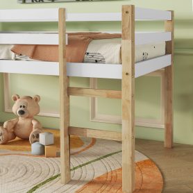 Rubber Wooden Twin Loft Bed with Ladder,  Natural White