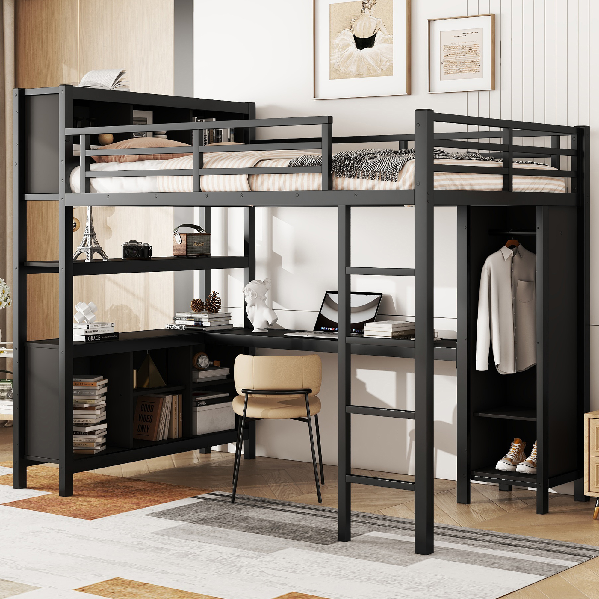 Full Size Metal Loft Bed With Wardrobe, L-shaped Desk, Storage Cubes And Shelves