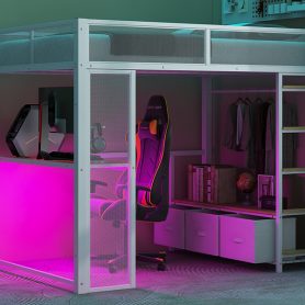 Full Size Metal Gaming Loft Bed with LED, Desk, Open Wardrobe and 3 Linen Storage Drawers