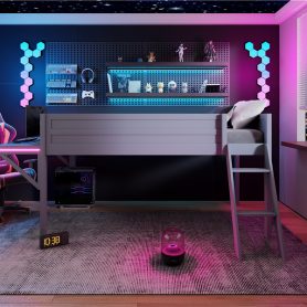 Wood Twin Size Gaming Loft Bed with Desk and LED