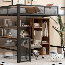 Full Size Metal Loft bed with Built-in Desk, Wardrobeand Shelves