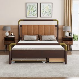 Wooden Queen Size Platform Bed With 2 Big Drawers and T-Xl Size Trundle