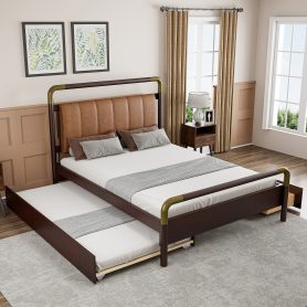 Wooden Queen Size Platform Bed With 2 Big Drawers and T-Xl Size Trundle