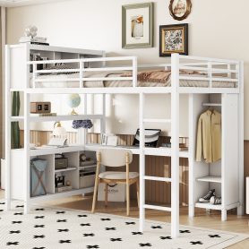Full Size Metal Loft Bed With Wardrobe, L-shaped Desk, Storage Cubes And Shelves