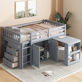 Rubber Wood Twin Loft Bed With Storage Cabinet, Drawer and Shelf Cabinet and Pulling-Out Desk