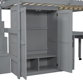 Full Size Loft Bed with Stairs, Bookshelf, Drawers, Desk & Wardrobe