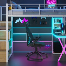 Full Size Metal Loft Bed with Built-in Work Station, Wardrobe, Storage Staircase and LED