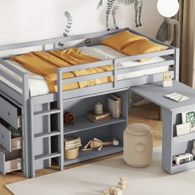 Rubber Wood Twin Loft Bed With Drawer Cabinet, Shelf Cabinet, Pulling-out Desk And Safety Guardrail 48 Rubber Wood Twin Loft Bed With Drawer Cabinet, Shelf Cabinet, Pulling-out Desk And Safety Guardrail