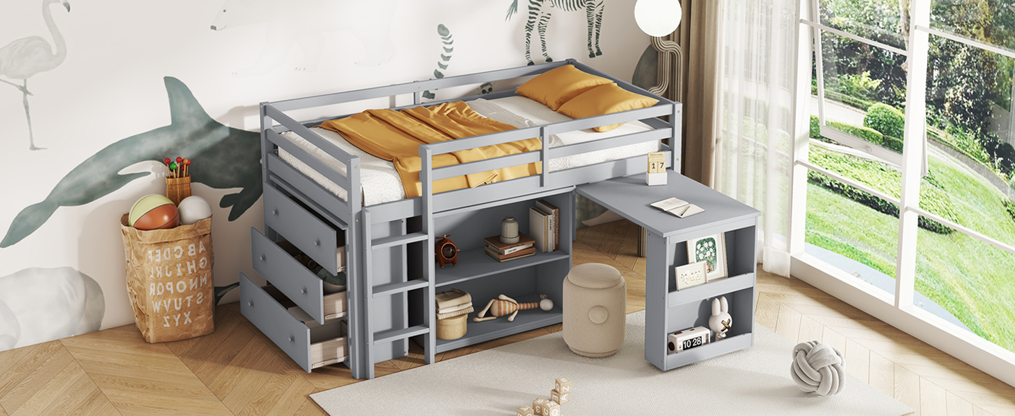 Rubber Wood Twin Loft Bed With Drawer Cabinet, Shelf Cabinet, Pulling-out Desk And Safety Guardrail 23 Rubber Wood Twin Loft Bed With Drawer Cabinet, Shelf Cabinet, Pulling-out Desk And Safety Guardrail