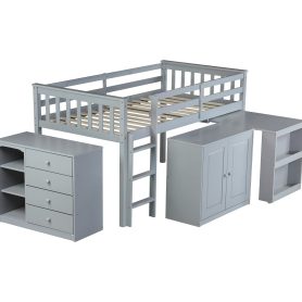Rubber Wood Twin Loft Bed With Storage Cabinet, Drawer And Shelf Cabinet And Pulling-out Desk