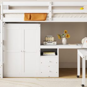 Twin Size Loft Bed with Stairs, Bookshelf, Drawers, Desk & Wardrobe