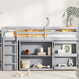 Rubber Wood Twin Loft Bed With Drawer Cabinet, Shelf Cabinet, Pulling-out Desk And Safety Guardrail 45 Rubber Wood Twin Loft Bed With Drawer Cabinet, Shelf Cabinet, Pulling-out Desk And Safety Guardrail