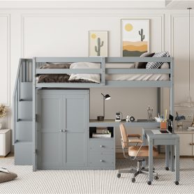 Full Size Loft Bed with Stairs, Bookshelf, Drawers, Desk & Wardrobe