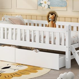 Wood Twin Size Platform Bed with Guardrail and 2 Drawers
