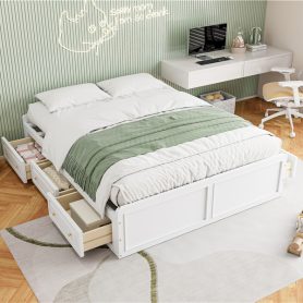 Wood Queen Size Platform Bed Frame with 6 Drawers