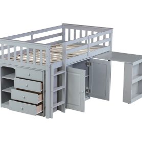 Rubber Wood Twin Loft Bed With Storage Cabinet, Drawer And Shelf Cabinet And Pulling-out Desk