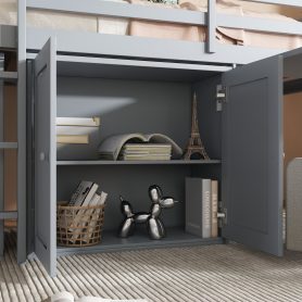 Rubber Wood Twin Loft Bed With Storage Cabinet, Drawer and Shelf Cabinet and Pulling-Out Desk