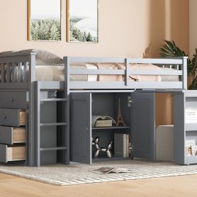 Rubber Wood Twin Loft Bed With Storage Cabinet, Drawer and Shelf Cabinet and Pulling-Out Desk