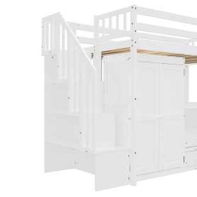 Twin Size Loft Bed with Stairs, Bookshelf, Drawers, Desk & Wardrobe
