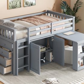 Rubber Wood Twin Loft Bed With Storage Cabinet, Drawer and Shelf Cabinet and Pulling-Out Desk