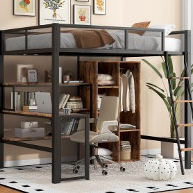 Full Size Metal Loft bed with Built-in Desk, Wardrobeand Shelves
