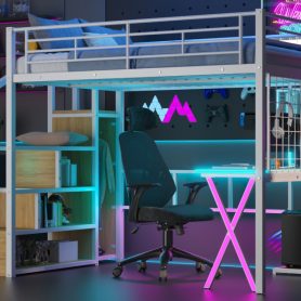 Full Size Metal Loft Bed with Built-in Work Station, Wardrobe, Storage Staircase and LED