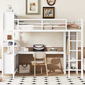 Full Size Metal Loft Bed With Wardrobe, L-shaped Desk, Storage Cubes And Shelves