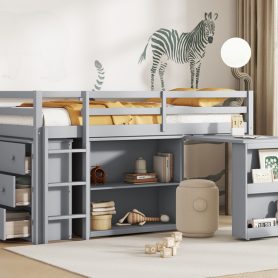 Rubber Wood Twin Loft Bed With Drawer Cabinet, Shelf Cabinet, Pulling-out Desk And Safety Guardrail 44 Rubber Wood Twin Loft Bed With Drawer Cabinet, Shelf Cabinet, Pulling-out Desk And Safety Guardrail