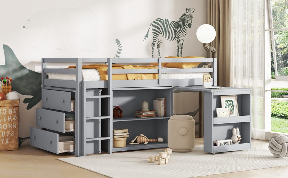 Rubber Wood Twin Loft Bed With Drawer Cabinet, Shelf Cabinet, Pulling-out Desk And Safety Guardrail 19 Rubber Wood Twin Loft Bed With Drawer Cabinet, Shelf Cabinet, Pulling-out Desk And Safety Guardrail