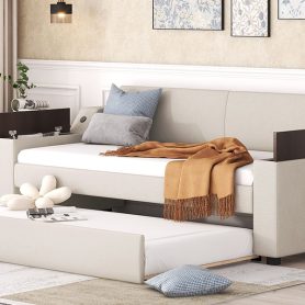 Twin Size Upholstery Daybed with Storage Arms, Trundle and USB 30 Twin Size Upholstery Daybed with Storage Arms, Trundle and USB