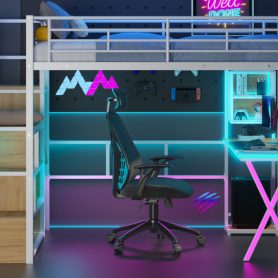 Full Size Metal Loft Bed with Built-in Work Station, Wardrobe, Storage Staircase and LED