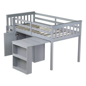 Rubber Wood Twin Loft Bed With Storage Cabinet, Drawer And Shelf Cabinet And Pulling-out Desk