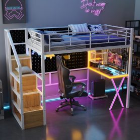 Twin Size Metal Loft Bed with Built-in Work Station, Wardrobe, Storage Staircase and LED