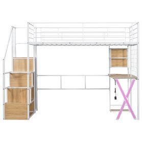Twin Size Metal Loft Bed with Built-in Work Station, Wardrobe, Storage Staircase and LED