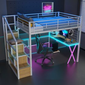 Full Size Metal Loft Bed with Built-in Work Station, Wardrobe, Storage Staircase and LED