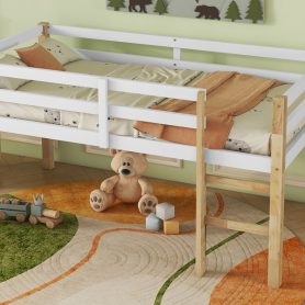Rubber Wooden Twin Loft Bed with Ladder,  Natural White