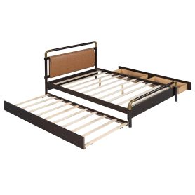 Wooden Queen Size Platform Bed With 2 Big Drawers and T-Xl Size Trundle