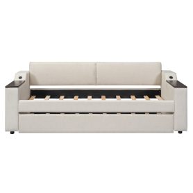 Twin Size Upholstery Daybed with Storage Arms, Trundle and USB 41 Twin Size Upholstery Daybed with Storage Arms, Trundle and USB