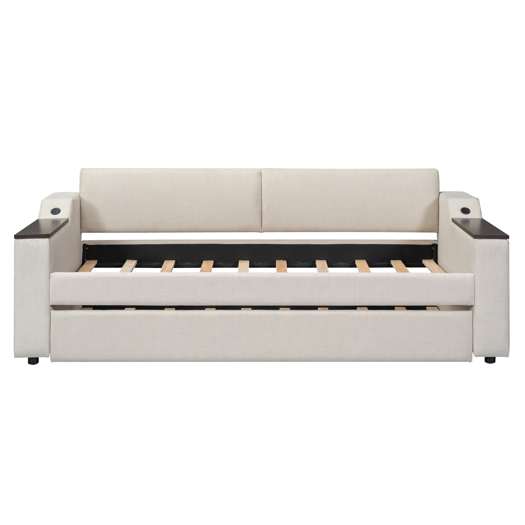 Twin Size Upholstery Daybed with Storage Arms, Trundle and USB 21 Twin Size Upholstery Daybed with Storage Arms, Trundle and USB
