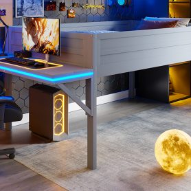 Wood Full Size Gaming Loft Bed with Desk and LED