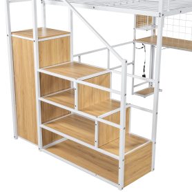 Full Size Metal Loft Bed with Built-in Work Station, Wardrobe, Storage Staircase and LED