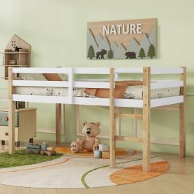 Rubber Wooden Twin Loft Bed with Ladder,  Natural White
