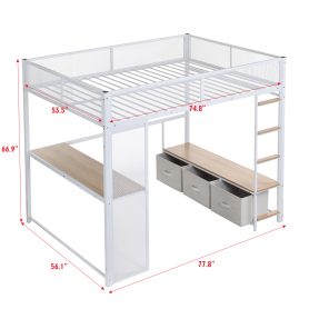 Full Size Metal Gaming Loft Bed with LED, Desk, Open Wardrobe and 3 Linen Storage Drawers