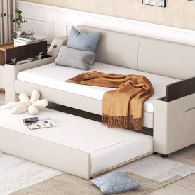 Twin Size Upholstery Daybed with Storage Arms, Trundle and USB 31 Twin Size Upholstery Daybed with Storage Arms, Trundle and USB