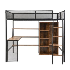 Full Size Metal Loft bed with Built-in Desk, Wardrobeand Shelves