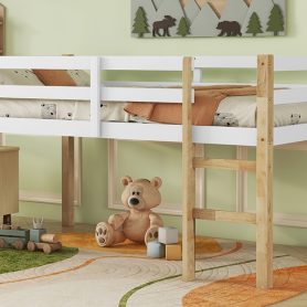 Rubber Wooden Twin Loft Bed with Ladder,  Natural White